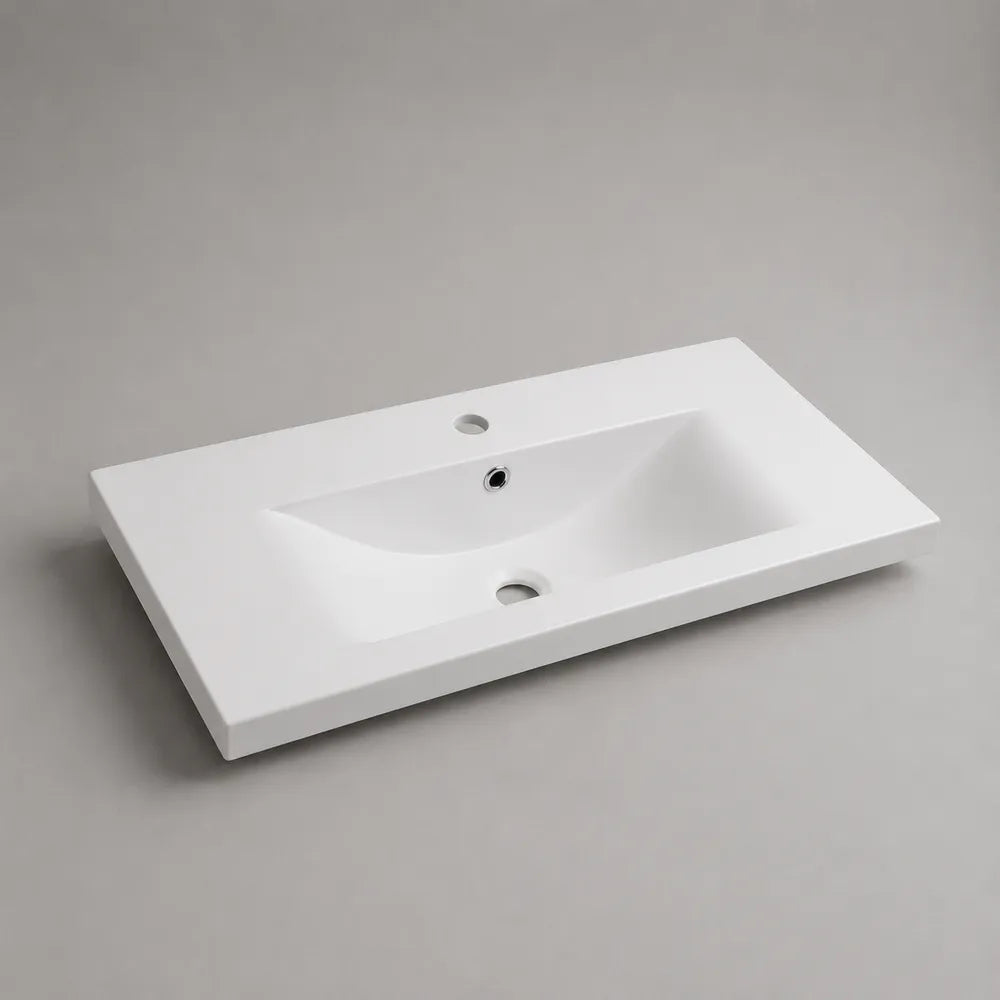 Lavabo da bagno rettangolare in ceramica bianca da appoggio con foro rubinetto e troppopieno 80 x 46 x 13 cm