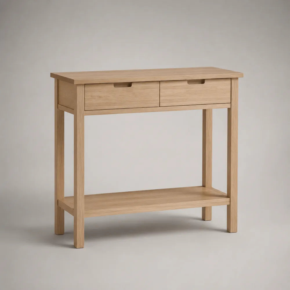 Consolle ingresso rettangolare con 2 cassetti e ripiano inferiore in MDF effetto rovere chiaro 100 x 35 x 80 cm