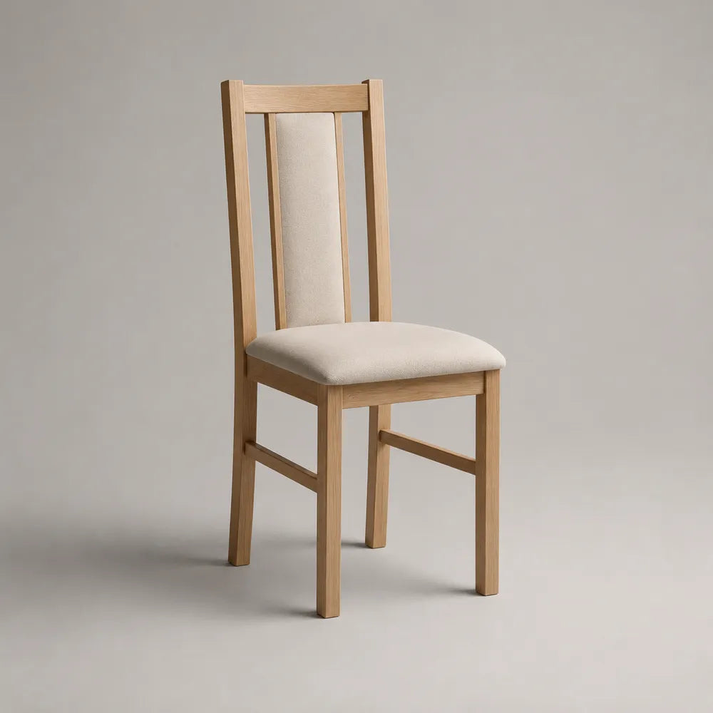 Sedia da pranzo in legno effetto rovere con seduta imbottita beige schienale con inserto tessile 45 x 50 x 88 cm