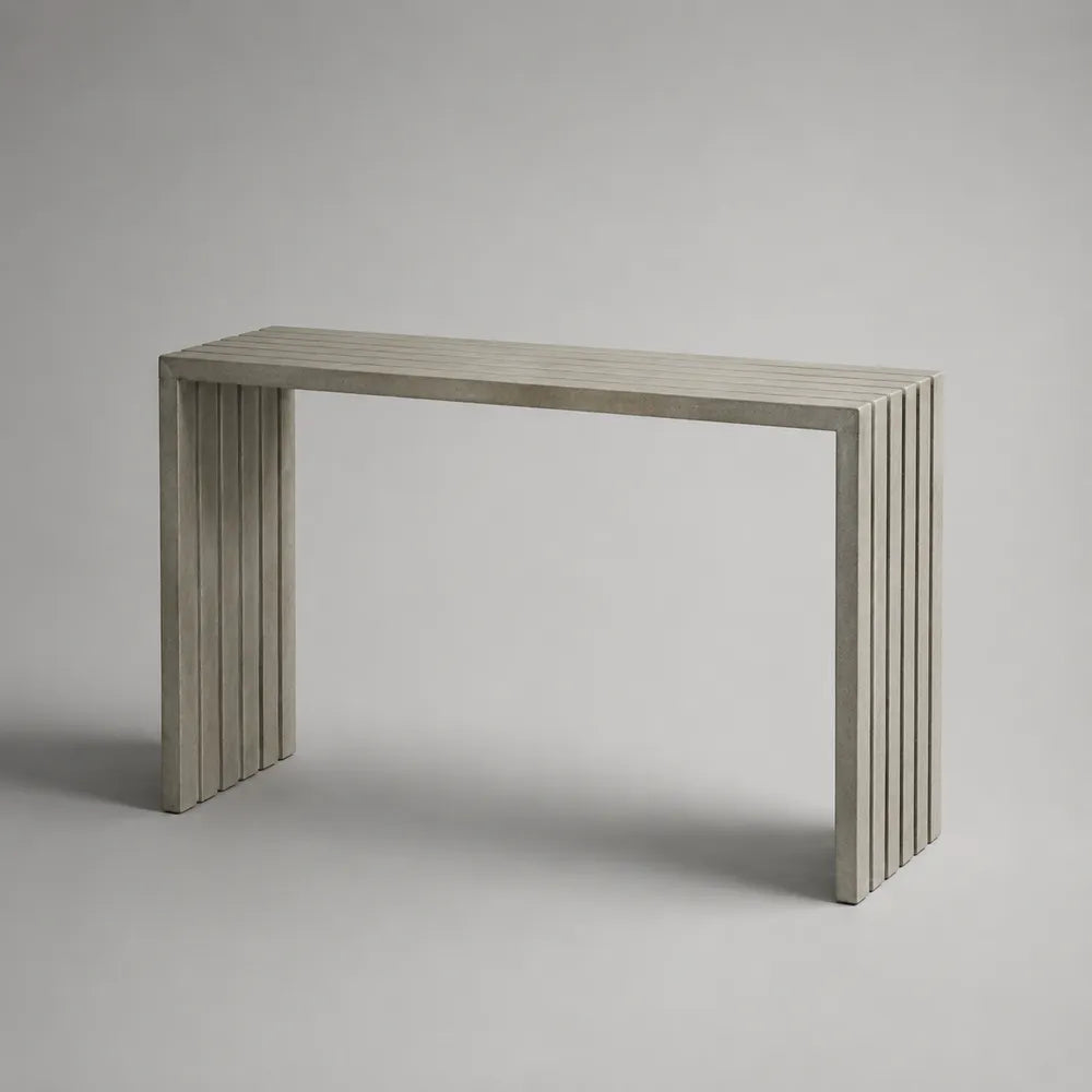 Consolle rettangolare in MDF effetto travertino beige struttura monolitica scanalata 120 cm 35 cm 80 cm