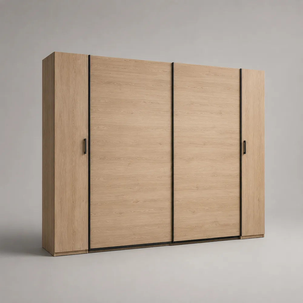 Armadio scorrevole 240 x 60 x 210 cm in pannello effetto rovere chiaro con ante scorrevoli e profili neri struttura rettangolare