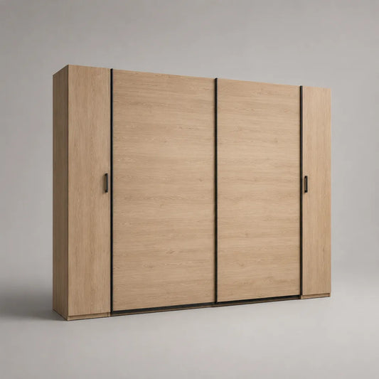 Armadio scorrevole 240 x 60 x 210 cm in pannello effetto rovere chiaro con ante scorrevoli e profili neri struttura rettangolare