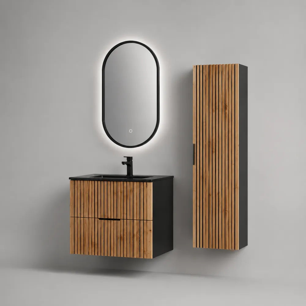 Set mobile bagno sospeso con lavabo nero specchio LED ovale e colonna in MDF rovere e nero 80 x 45 x 50 cm 50 x 100 x 3 cm 40 x 160 x 30 cm
