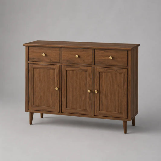 Credenza 130 x 40 x 85 cm in MDF effetto noce con 3 cassetti e 3 ante struttura rettangolare gambe in legno massello finitura marrone e dettagli oro