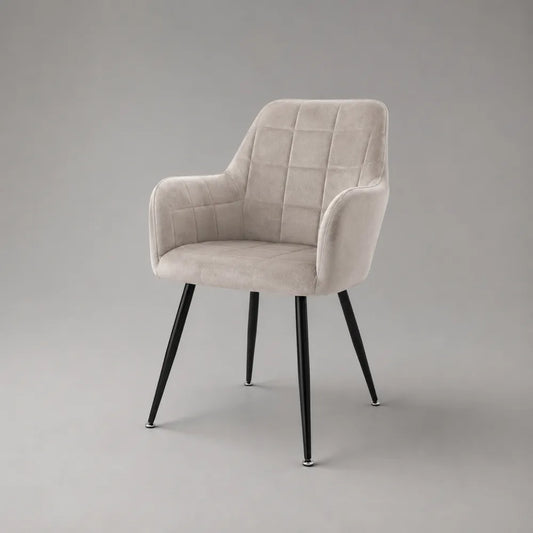 Sedia da pranzo imbottita in tessuto beige con braccioli struttura in metallo verniciato nero gambe inclinate 55 x 60 x 85 cm