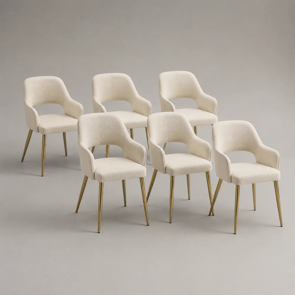 Set 6 sedie da pranzo imbottite 55 cm x 58 cm x 82 cm in tessuto bouclé beige con gambe in metallo finitura oro