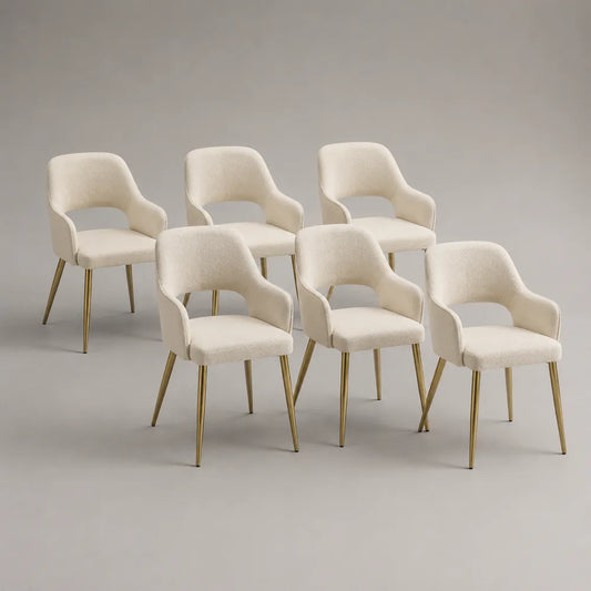 Set 6 sedie da pranzo imbottite 55 cm x 58 cm x 82 cm in tessuto bouclé beige con gambe in metallo finitura oro