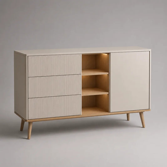 Credenza 140 x 40 x 80 cm in MDF beige con 3 cassetti 1 anta e vano a giorno struttura rettangolare gambe in legno massello con puntali oro