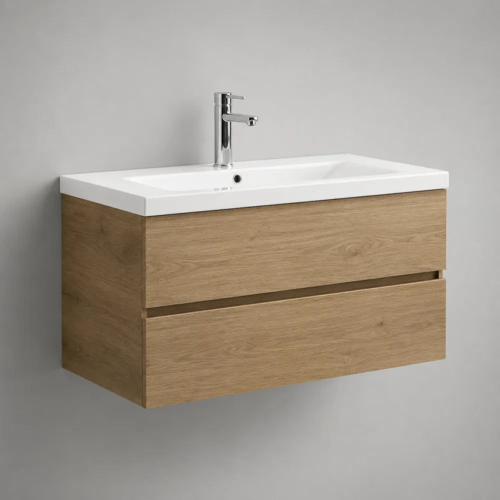 Mobile sottolavabo sospeso rettangolare in MDF effetto rovere con lavabo in ceramica bianca e doppio cassetto 80 x 45 x 50 cm