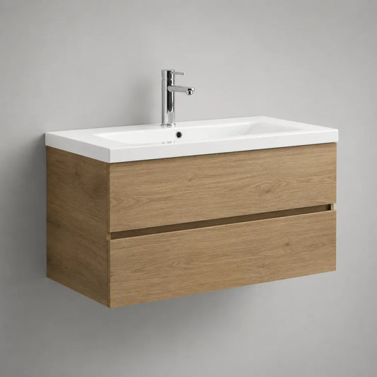 Mobile sottolavabo sospeso rettangolare in MDF effetto rovere con lavabo in ceramica bianca e doppio cassetto 80 x 45 x 50 cm