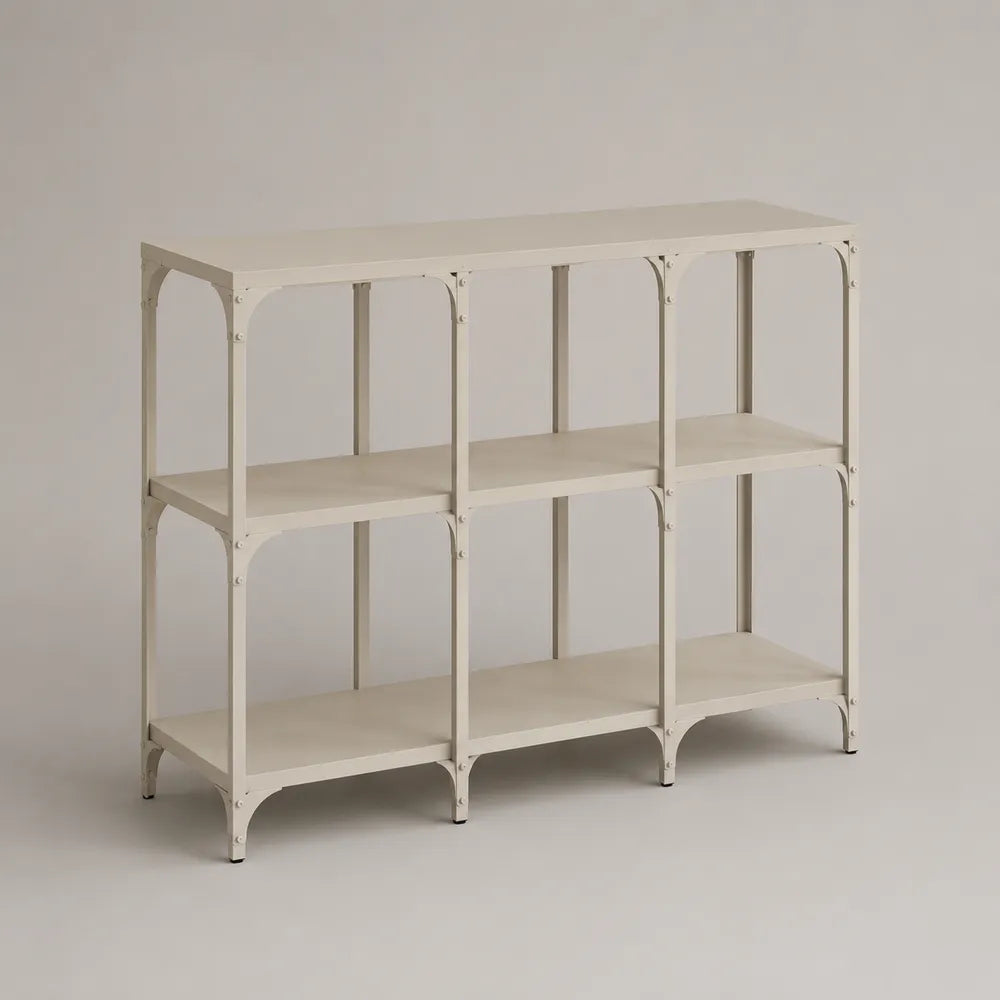 Consolle rettangolare con ripiani aperti in acciaio verniciato beige struttura a 2 livelli e 6 vani 120 x 30 x 80 cm
