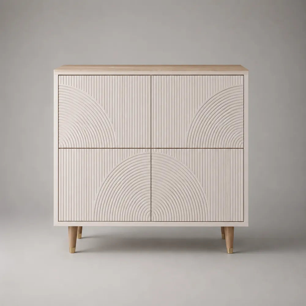 Credenza 120 x 40 x 85 cm in MDF beige con 4 ante motivi scanalati ad arco gambe in legno massello struttura rettangolare