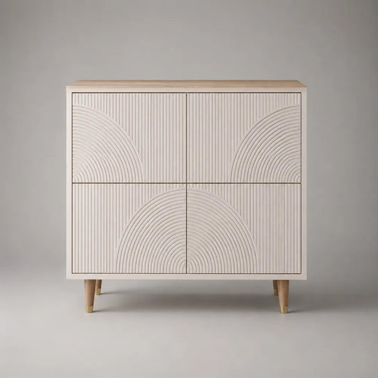 Credenza 120 x 40 x 85 cm in MDF beige con 4 ante motivi scanalati ad arco gambe in legno massello struttura rettangolare