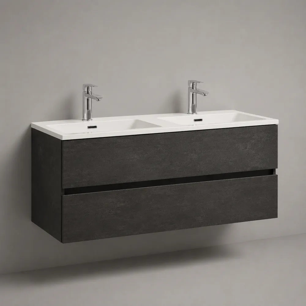 Mobile sottolavabo sospeso doppio lavabo rettangolare in MDF effetto grigio antracite con ceramica bianca e doppio cassetto 120 x 46 x 55 cm