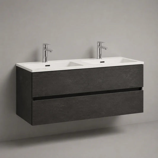 Mobile sottolavabo sospeso doppio lavabo rettangolare in MDF effetto grigio antracite con ceramica bianca e doppio cassetto 120 x 46 x 55 cm