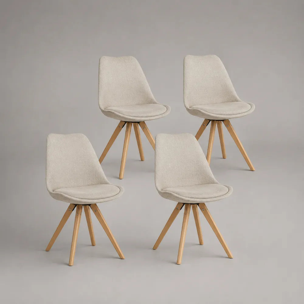 Set 4 sedie da pranzo imbottite 46 x 52 x 84 cm tessuto poliestere beige schienale curvo gambe in legno massello di faggio struttura a quattro gambe