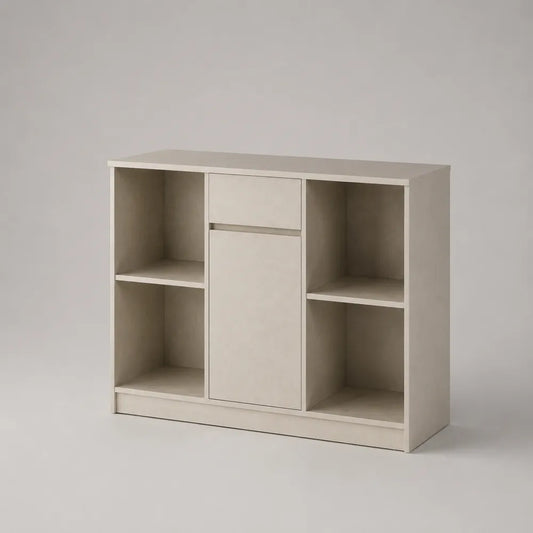 Credenza in MDF melaminico beige 120 cm x 40 cm x 85 cm con vani aperti cassetto e anta