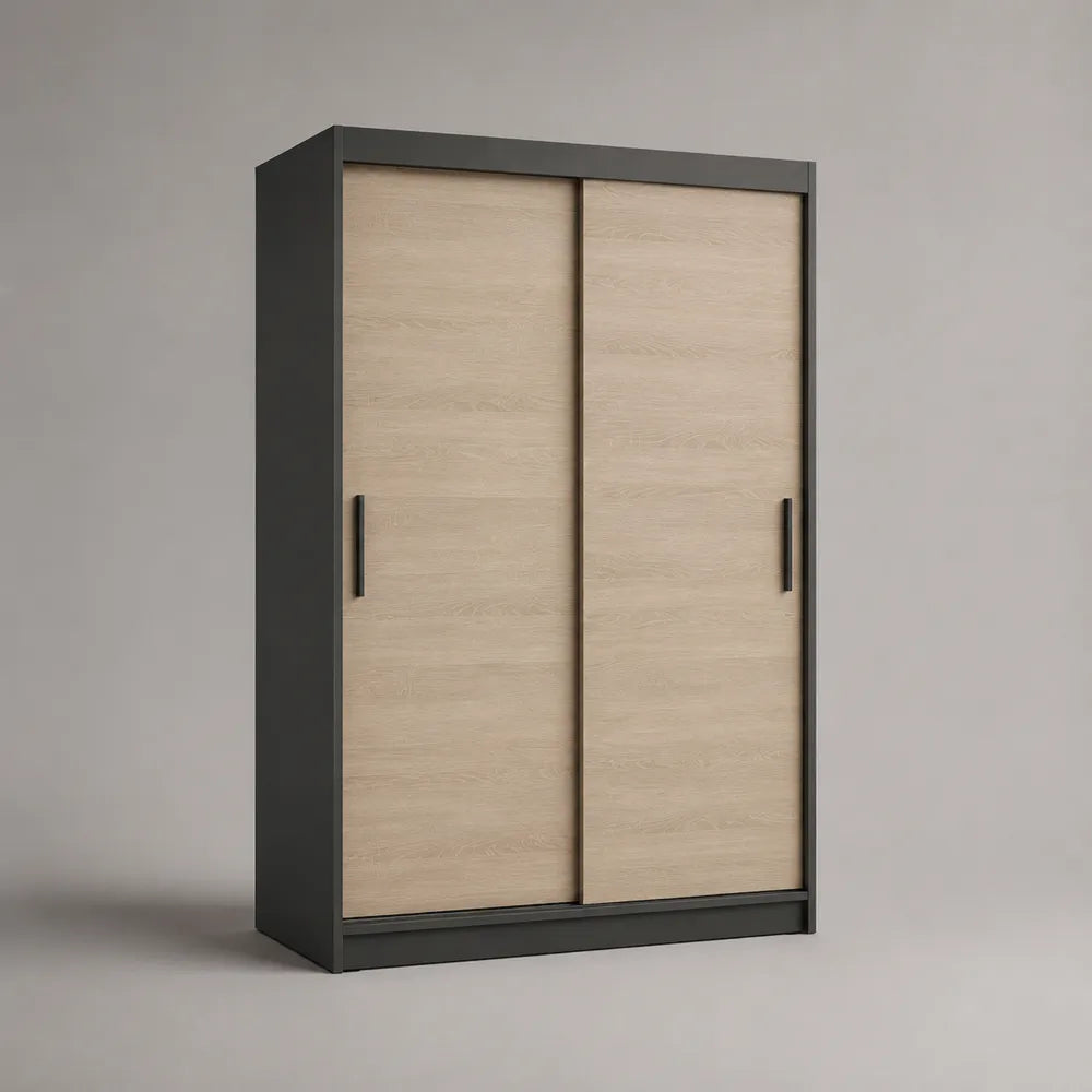 Armadio guardaroba scorrevole 120 x 60 x 200 cm in pannelli effetto rovere chiaro con struttura grigio antracite e ante scorrevoli rettangolare