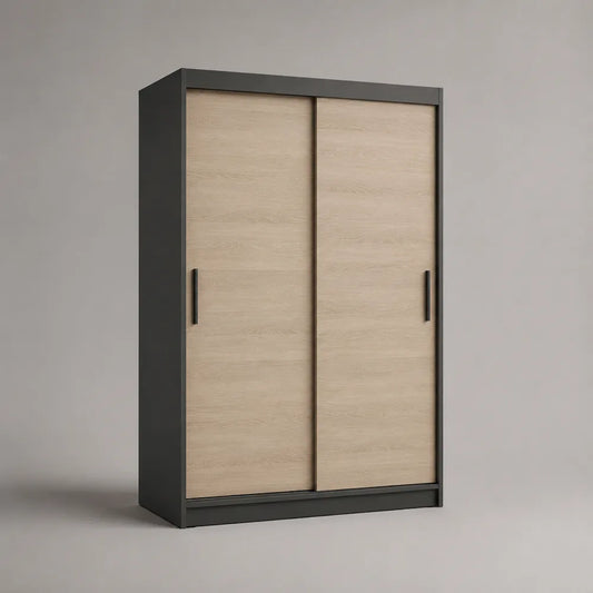 Armadio guardaroba scorrevole 120 x 60 x 200 cm in pannelli effetto rovere chiaro con struttura grigio antracite e ante scorrevoli rettangolare